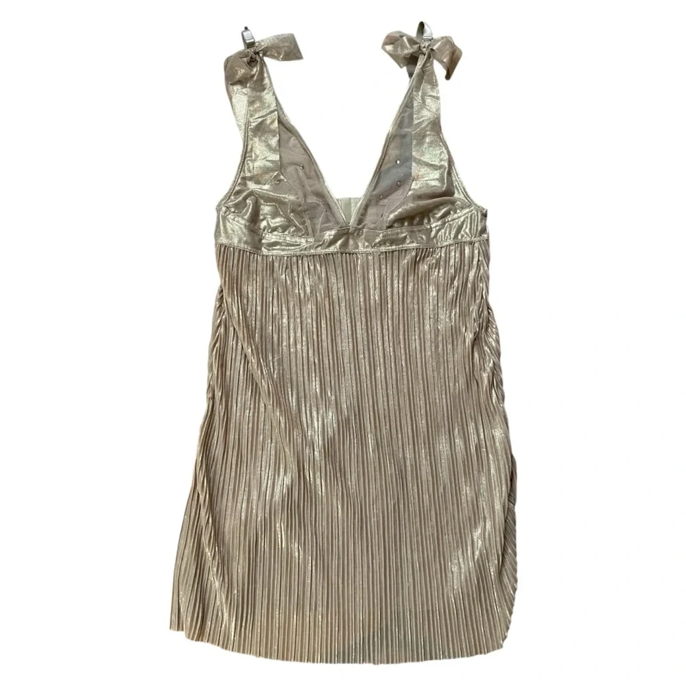 Rampage Gold Shimmer Pleated Chemise Mini Dress Rhinestone Bow Straps‎ Y2K Sz S
